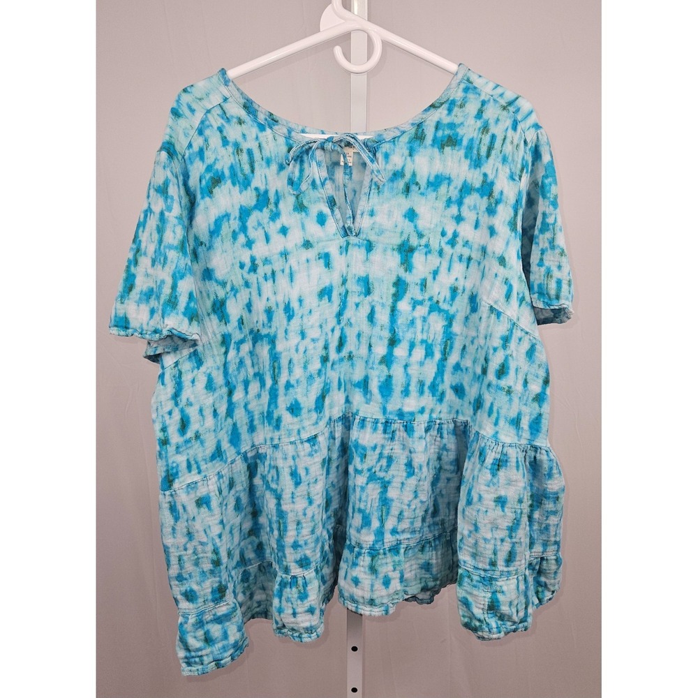 Terra & Sky Top Women's Size 3X Blue Tie Dye Short Sleeves Keyhole Neck Cotton - Picture 2 of 7